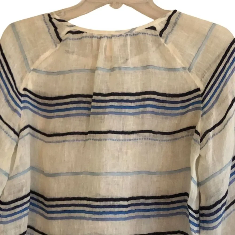 J Crew 100% Linen Peasant Blouse Womens Sz S Sheer Indigo Striped Coastal Beach
